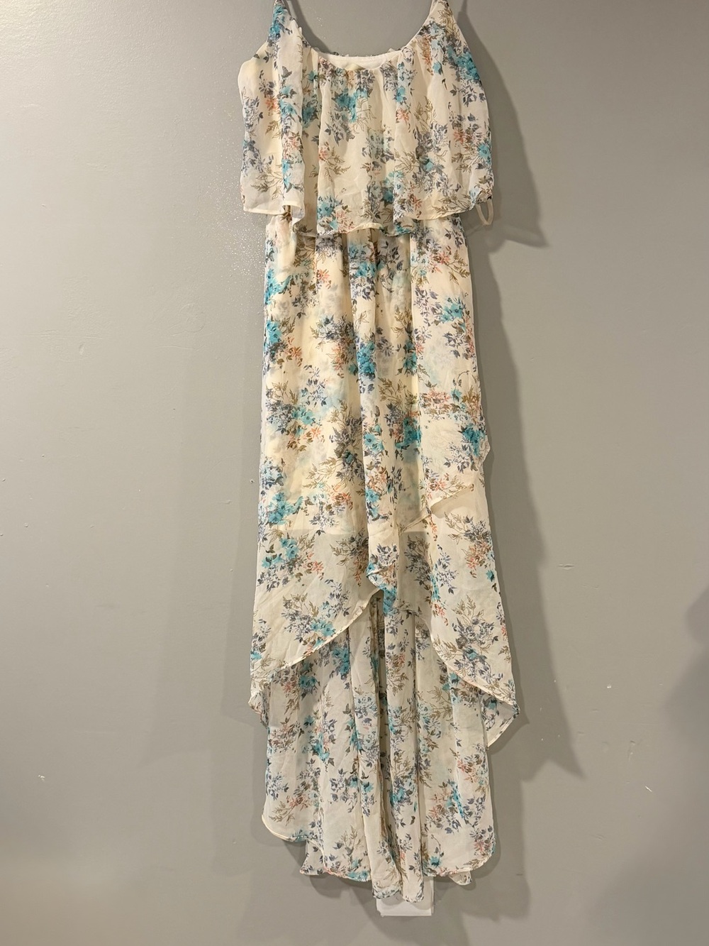 Cinderella Cream Floral High-Low Mini Dress with Blue and Tan Blooms